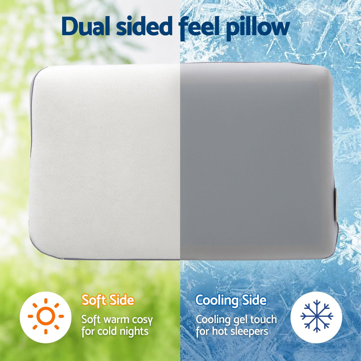 Dual-sided pillow with soft and cooling sides on a green and blue gradient background