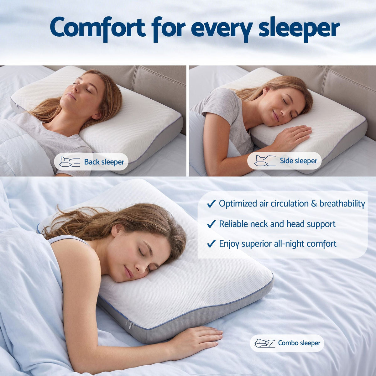 Woman sleeping on a pillow with text highlighting comfort for different sleep positions.
