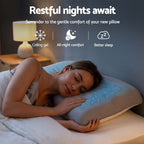 Woman sleeping on a pillow with text 'Restful nights await' and features listed.