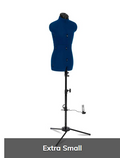 A blue fabric dress form size Petite torso mounted on a black stand with a tripod base, shown against a white background with a dark gray label at the bottom reading 'Extra Small