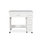 White desk with multiple drawers on a white background