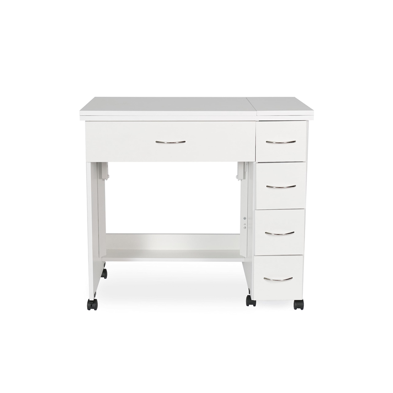 White desk with multiple drawers on a white background