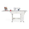 White sewing table with a sewing machine and thread spools on a white background