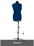 A blue dress form mannequin on a black stand with a tripod base, shown against a white background with a dark gray label at the bottom reading 'Medium'.