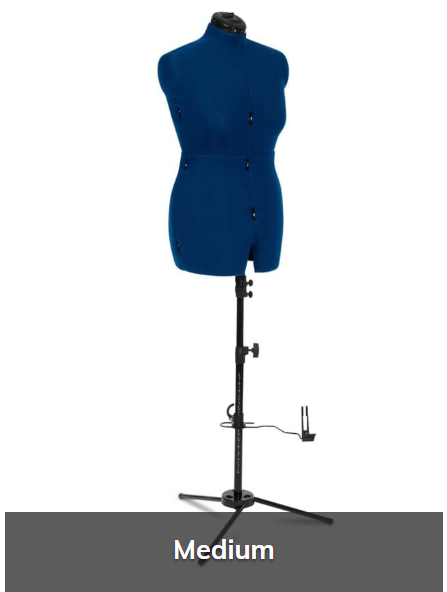 A blue dress form mannequin on a black stand with a tripod base, shown against a white background with a dark gray label at the bottom reading 'Medium'.