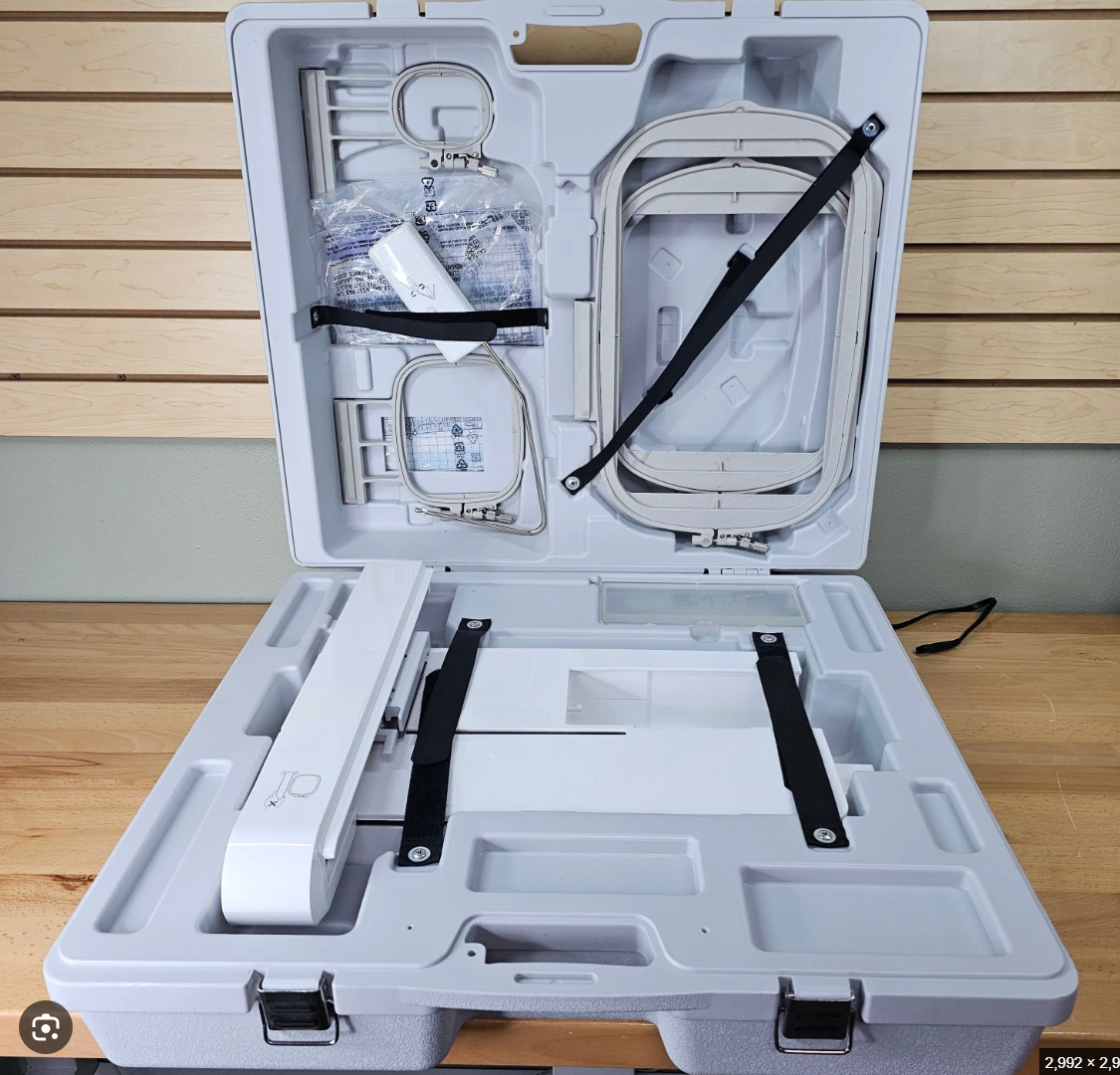 The Brother Innovis 6000d Embroidery unit and Hoops fit in this well constructed carry cabinet