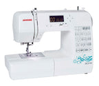 Janome sewing machine with digital display and stitch selection on a white background