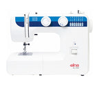 White sewing machine with blue panel and Elna branding on a white background