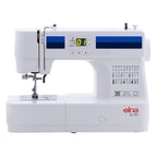 White Elna EL350 digital sewing machine with blue accents, digital display screen, and red brand logo on a clean white background.