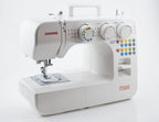 A white Janome FD-S15 sewing machine with colorful stitch selector buttons and white dials, photographed on a clean white background.