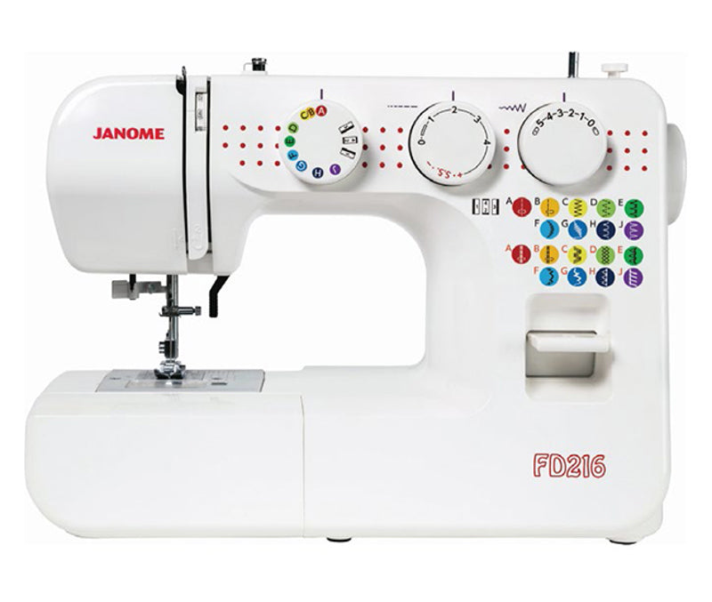 A white Janome FD216 sewing machine with colorful buttons and red branding, shown from a front three-quarter angle on a white background.