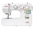 A white Janome FD216 sewing machine with colorful buttons and red branding, shown from a front three-quarter angle on a white background.