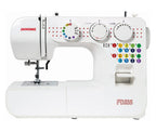 A white Janome FD216 sewing machine with colorful buttons and red branding, shown from a front three-quarter angle on a white background.