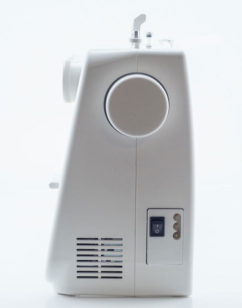 A white electric sewing machine shown from the side against a clean white background.