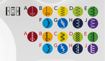 A set of colorful circular buttons or badges arranged in rows on a white background, each featuring a different letter from the alphabet.