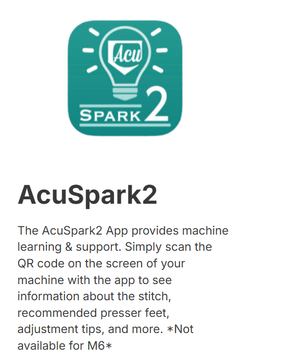 AcuSpark2 app icon and text explaining that the app provides machine learning and support, with a QR code scan instruction.