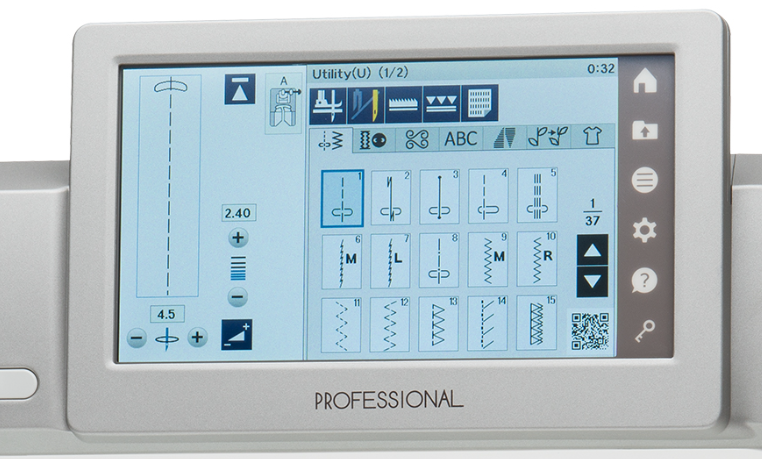 A close-up of a sewing machine's digital control panel displaying a stitch pattern menu. The panel has a light gray frame with the word 'PROFESSIONAL' printed below the screen
