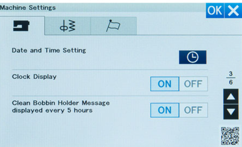A close-up of a machine settings touchscreen interface with options for Date and Time Setting, Clock Display, and Clean Bobbin Holder Message, plus ON/OFF switches and navigation arrows.