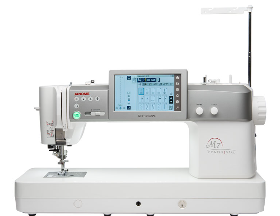 A Janome Professional M2 Continental sewing machine with a digital touchscreen display, shown from a front three-quarter angle on a solid white background.