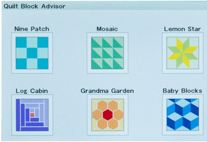A quilt block selection chart titled 'Quilt Block Advisor' showing six quilt patterns: Nine Patch, Mosaic, Lemon Star, Log Cabin, Grandma Garden, and Baby Blocks, each with a labeled square design on a pale blue backgroun