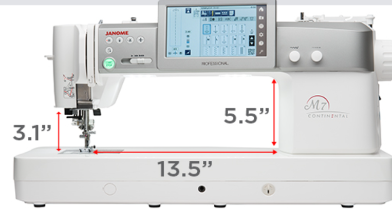 A Janome Professional M7 Continental sewing machine shown on a white background with red dimension lines and measurements indicating 13.5 inches width, 5.