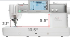 A Janome Professional M7 Continental sewing machine shown on a white background with red dimension lines and measurements indicating 13.5 inches width, 5.
