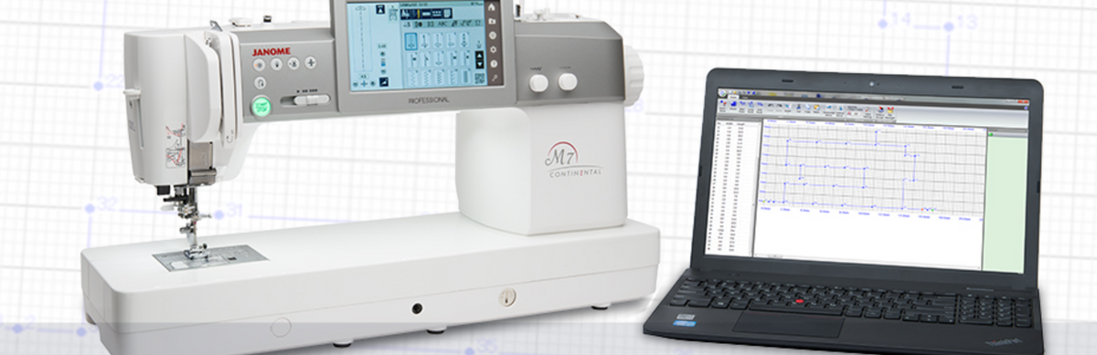 A white and gray Janome sewing machine shown next to an open laptop displaying a digital design or pattern interface, set against a light grid background.