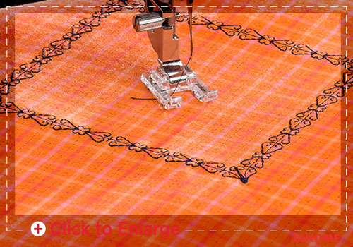 A close-up of a sewing machine foot stitching an orange fabric with a black decorative border pattern, shown with a dashed collage border and small text at the bottom.