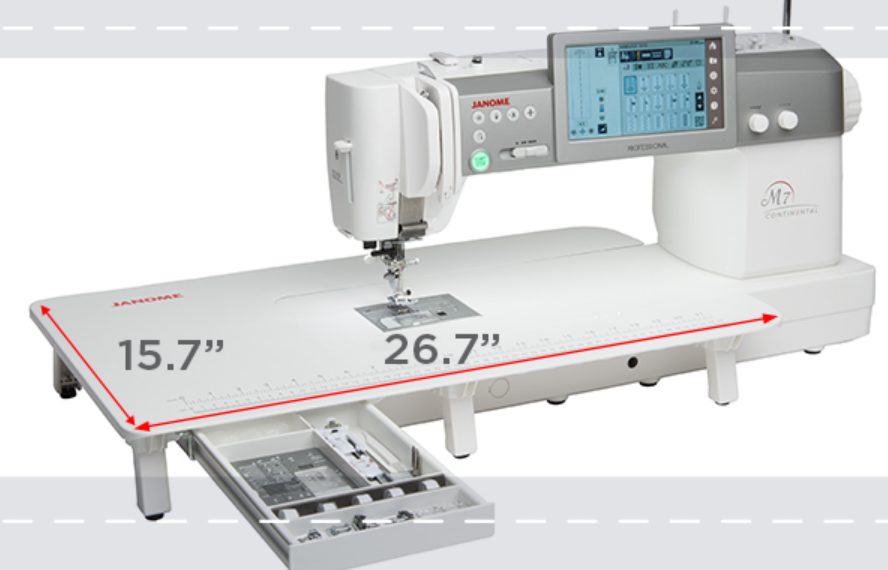 A Janome quilting machine with an extended white measurement table, shown with red dimension lines indicating 15.7 inches width and 26.