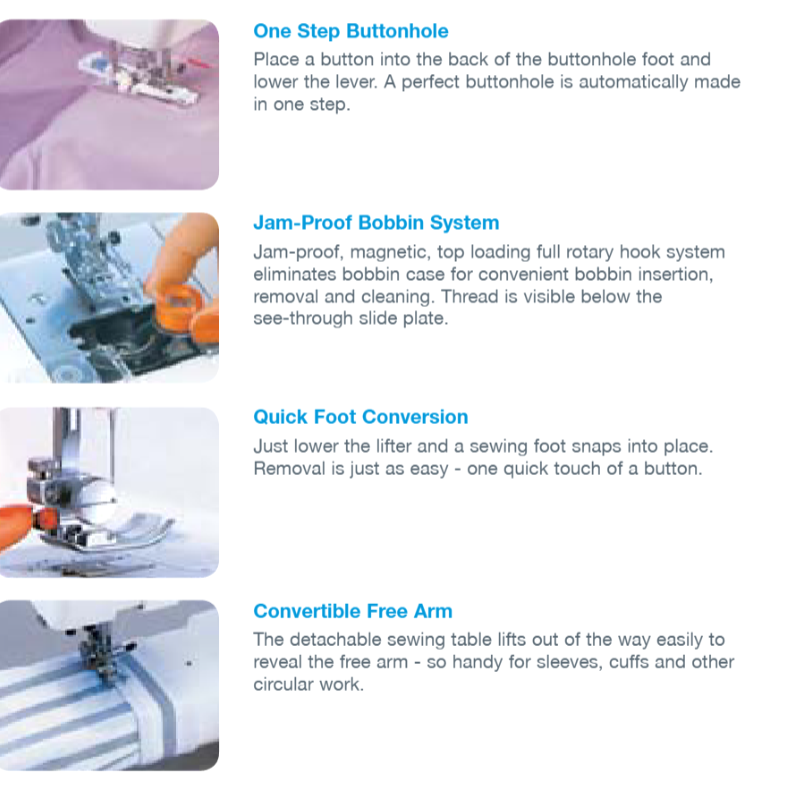 Sewing machine features with text on a white background